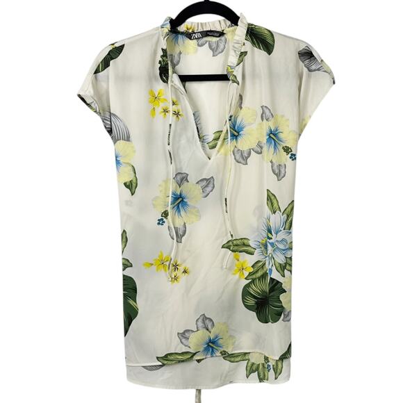 Zara‎ Floral Tie Neck Tunic Blouse Womens Small Ivory Tropical Print - Picture 1 of 4